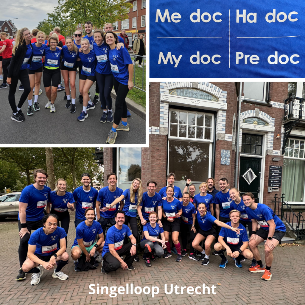 Artsen uit de ouderengeneeskunde vliegen samen over de finish van de Singelloop in Utrecht. My-doc Me-doc Ha-doc Pre-doc