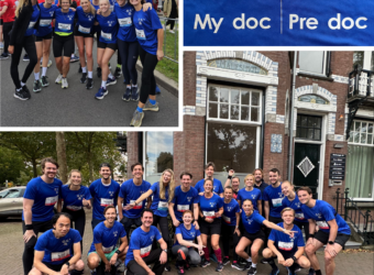 Artsen in de ouderengeneeskunde vliegen samen over de finish van de Singelloop in Utrecht. My-doc Me-doc Ha-doc Pre-doc