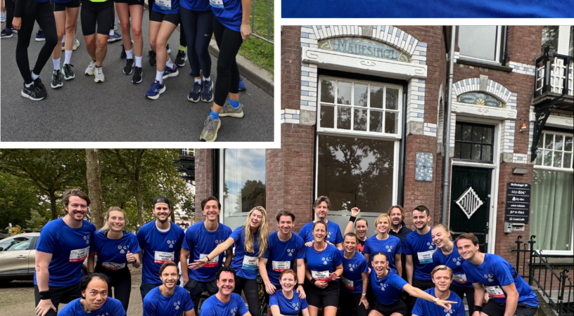 Artsen in de ouderengeneeskunde vliegen samen over de finish van de Singelloop in Utrecht. My-doc Me-doc Ha-doc Pre-doc